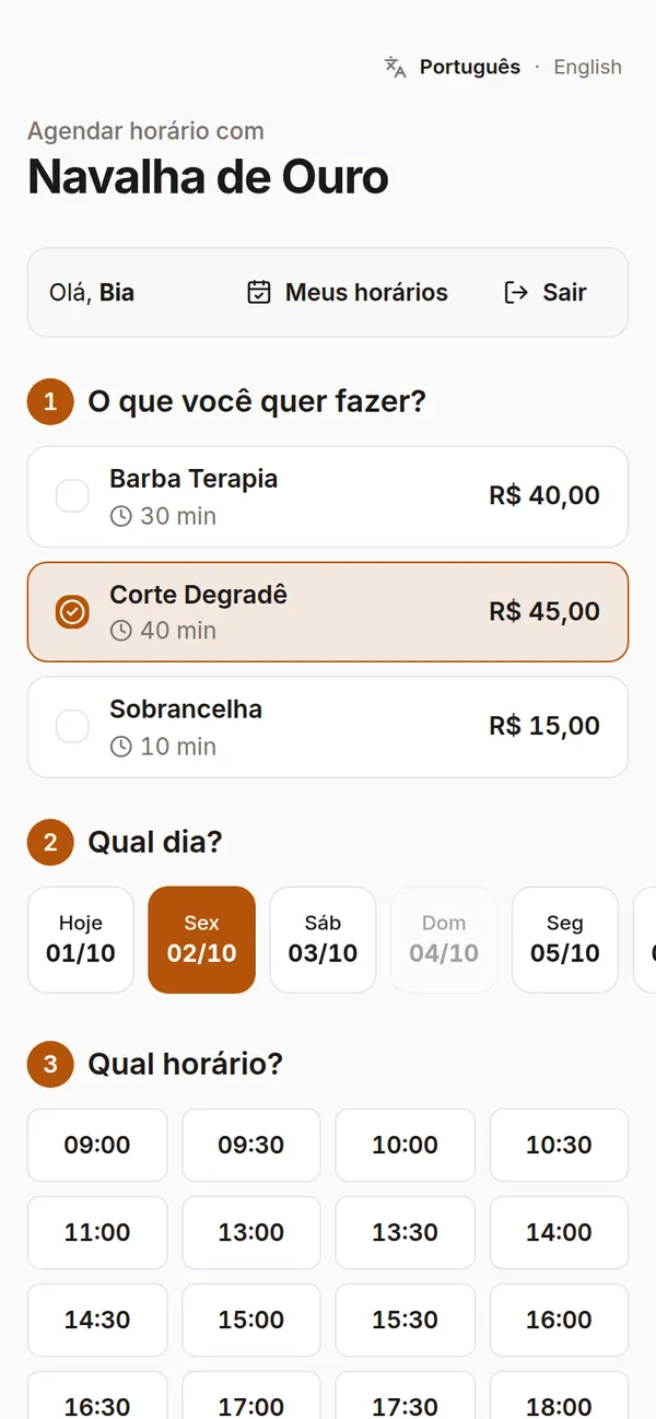 Tela de agendamento online do Chairly